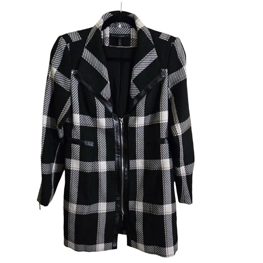 White House Black Market Plaid Zip-Up Black White Moto Jacket Size XS
